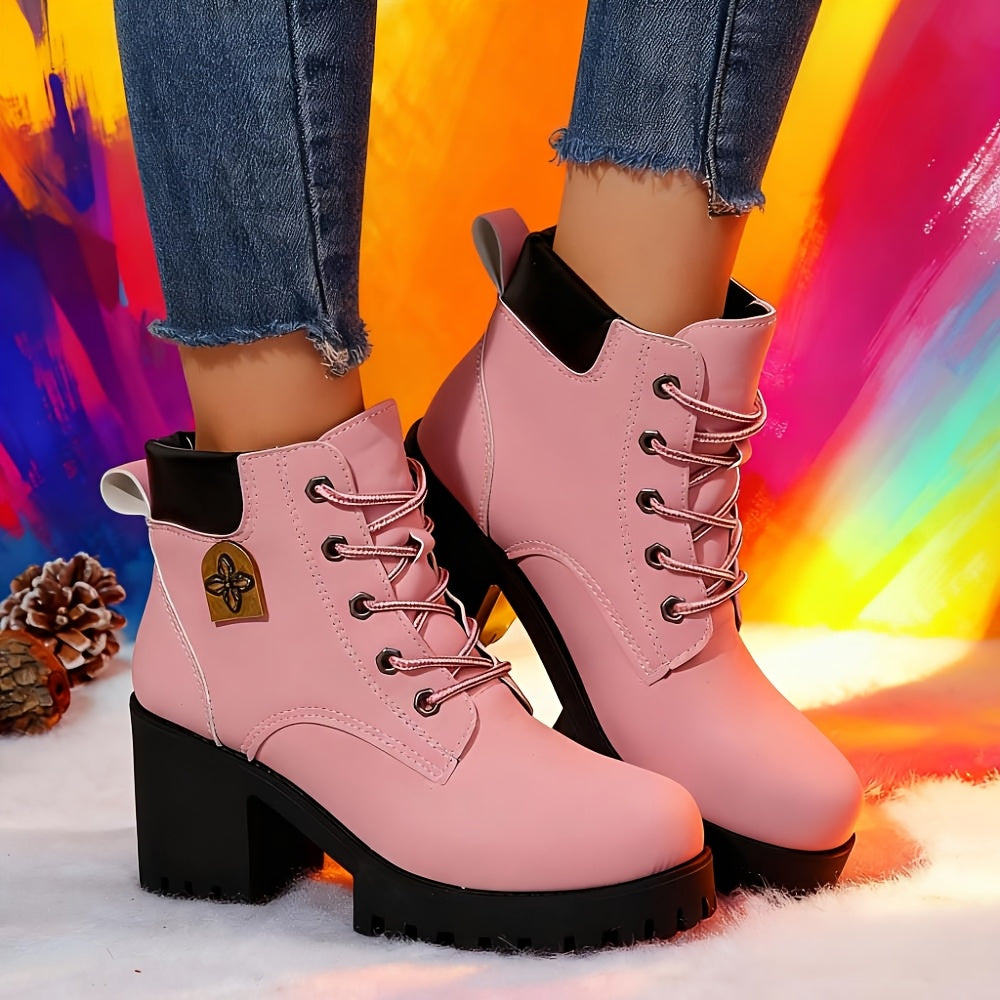 Botas de salto alto bege femininas com design de atacadores, biqueira redonda, salto bloco, botas de inverno elegantes, botas de inverno|Botas de biqueira redonda|Botas de atacadores