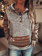 Moletom Feminino Estilo Bohemian Ocidental com Capuz - Blusa Casual de Botões Retro, Cinza e Azul para Todas as Estações, Lavável na Máquina, Conforto Diário, Tecido Texturizado, Chic Rústico