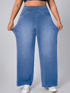 Jeans de ganga elásticos de cintura subida para mulher | Casual, para todas as estações, perna larga, elegantes, com bolsos