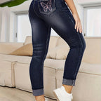 Charming Geometric Embroidered Stretch Jeans