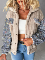 CHICME Casaco de Pelúcia Feminino em Imitação de Pele com Detalhes de Lantejoulas - Elegante Casaco de Manga Comprida com Gola de Lapela e Várias Cores, Roupa de Exterior de Inverno Lavável à Máquina para Outono/Inverno
