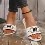 Sandálias slip-on confortáveis e elegantes para mulheres, perfeitas para uso interior e exterior, com um design de bico redondo, ideais para vestuário casual e férias, com um salto baixo e plano.