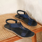 Sandálias Planas de Moda de Verão para Mulheres - Estilo Casual de Férias com Dedo do Pé Aberto, Parte Superior Bordada a Listras e Tira Elástica Trançada para Uso Confortável, Sandálias de Verão