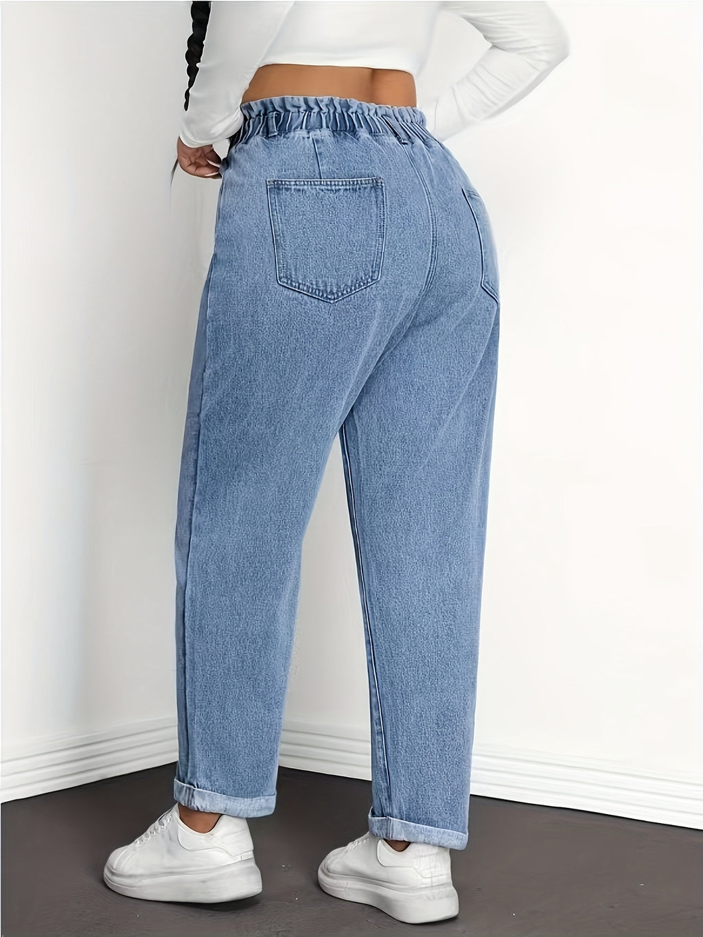 Calças Jeans Femininas de Cintura Alta - Cós Elástico que Não Deixa o Ventre à Vista, Calças Clássicas em Tecido Denim Sem Elasticidade para Uso Diário e Formal, Modelo H-Line Elegante e Casual