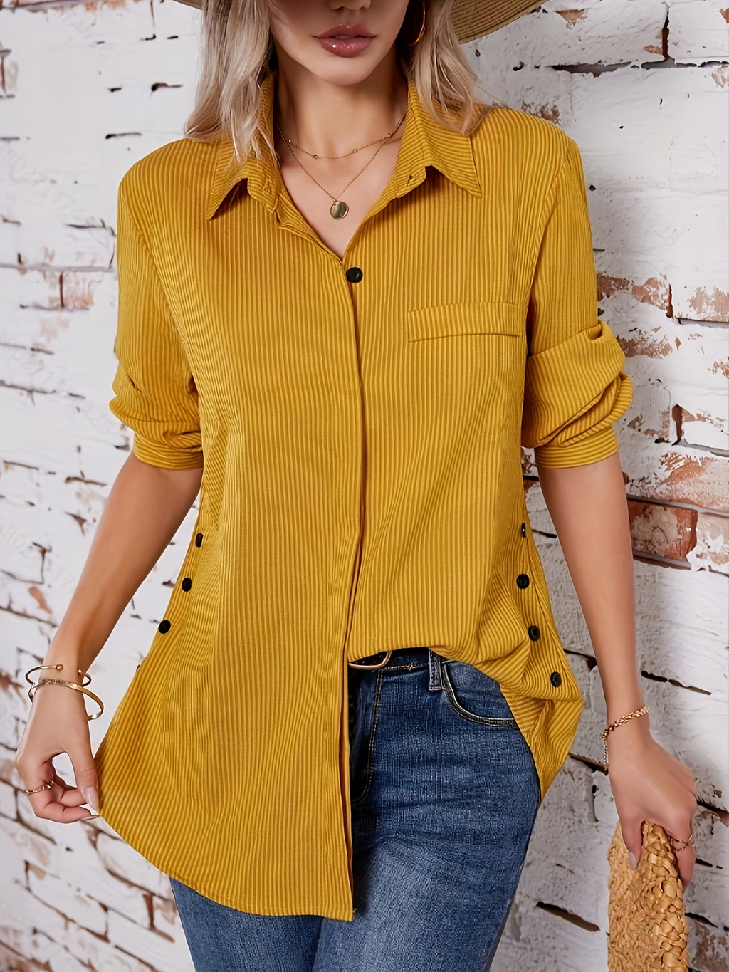 Blusa Com Botão Lateral Sólido, Blusa Com Colar Boho E Mangas Enroláveis, Roupas Femininas