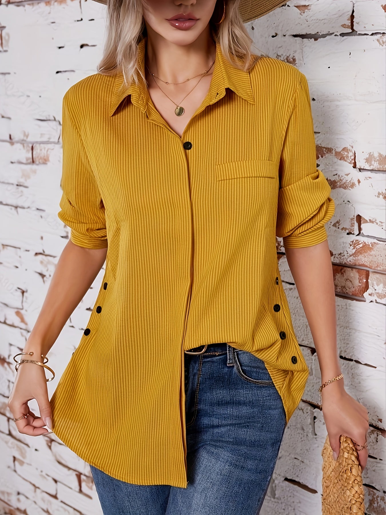 Blusa Com Botão Lateral Sólido, Blusa Com Colar Boho E Mangas Enroláveis, Roupas Femininas