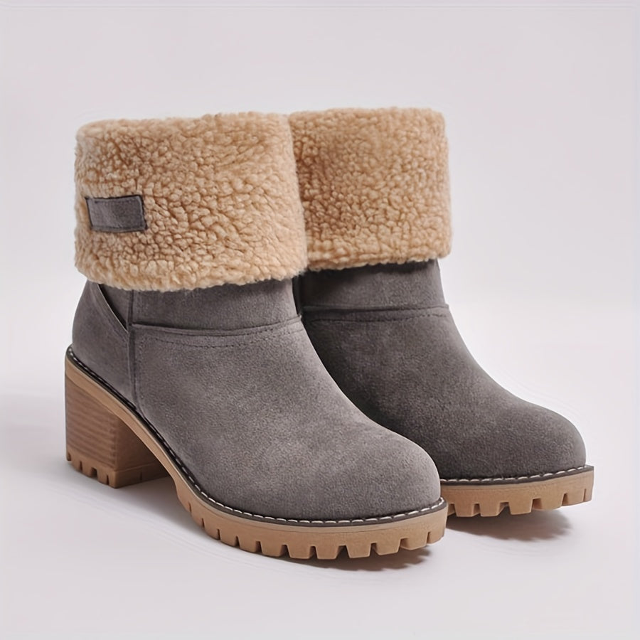 Botas de inverno para mulheres com salto grosso - Botas de cano médio com biqueira redonda e forro de lã, forro de tecido quente e sola de borracha para deslocações ao ar livre, uso casual - Tamanho grande disponível, Botas de inverno, Calçado para clima frio, Forro de interior felpudo, Calçado de tração durável, Calçado para uso diário, Forro aconchegante, Usuários de clima quente