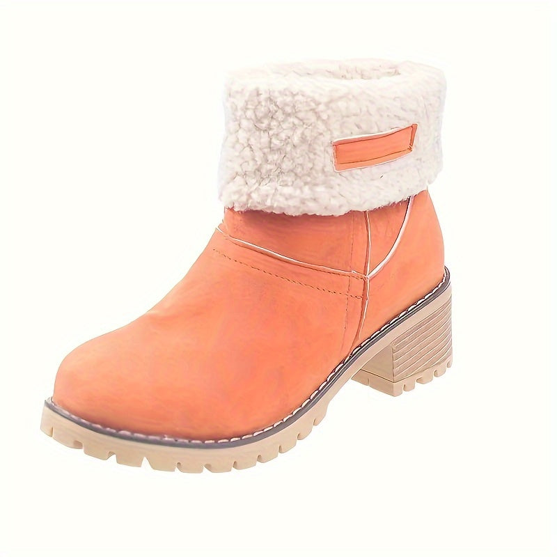 Botas de inverno para mulheres com salto grosso - Botas de cano médio com biqueira redonda e forro de lã, forro de tecido quente e sola de borracha para deslocações ao ar livre, uso casual - Tamanho grande disponível, Botas de inverno, Calçado para clima frio, Forro de interior felpudo, Calçado de tração durável, Calçado para uso diário, Forro aconchegante, Usuários de clima quente