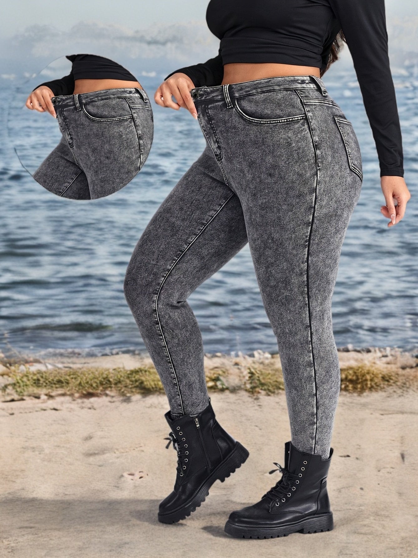 Calças Skinny Plus Size Cinza com Estampa de Floco de Neve e Elástico