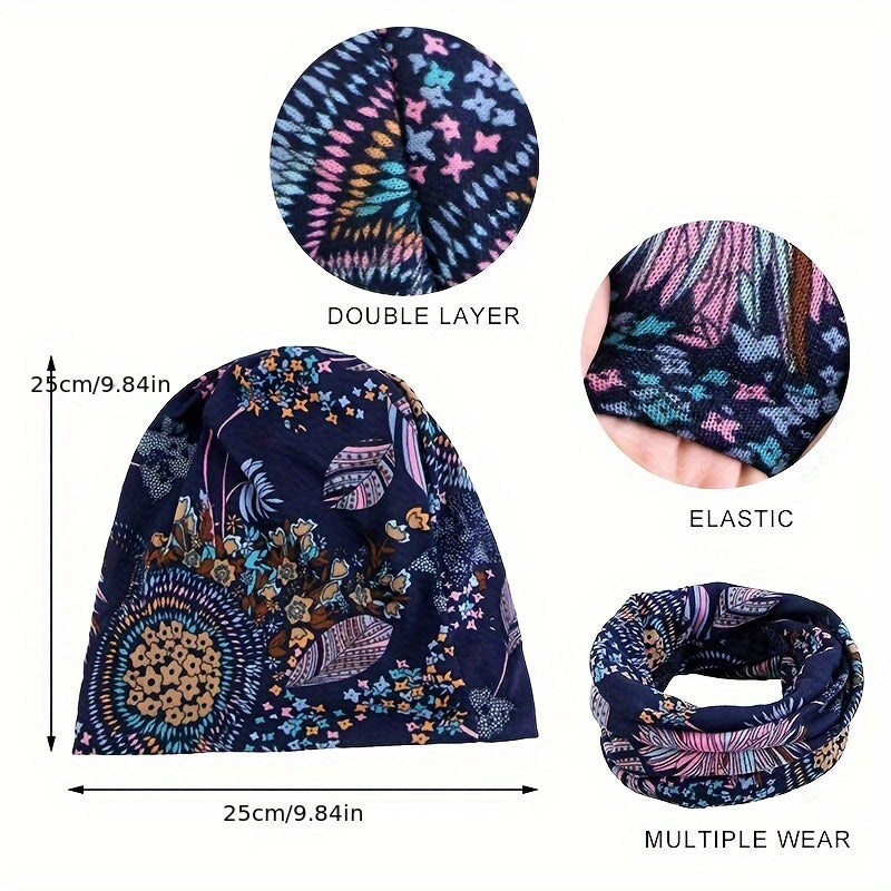 Conjunto de 4 Gorros de Boêmia Estilo para Mulheres com Padrões Florais - um Lenço de Cabeça Confortável e Leve Adequado para Outono e Inverno, Esticado Ouf para Uso em Quimioterapia, Somente Lavagem à Mão, com Designes de Penas Brilhantes e Florais em Cinza, Vermelho, Azul e Preto, Oferecendo Chapéus Confortáveis.
