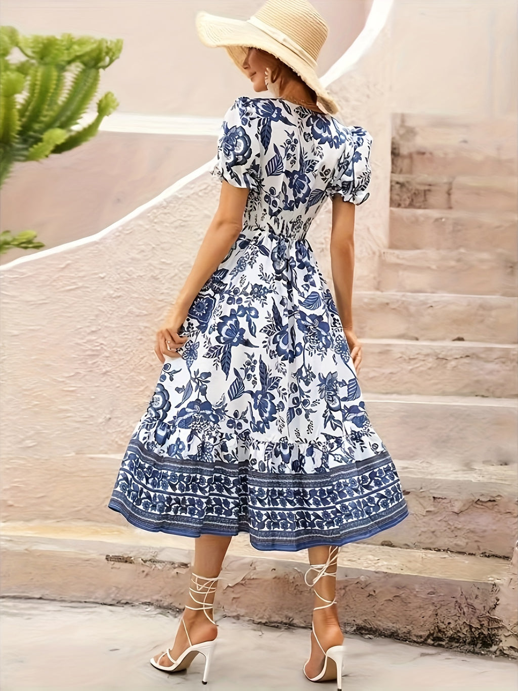 Vestido A-line com decote transpassado estampado floral, Vestido elegante de manga curta para primavera e verão, Vestuário feminino