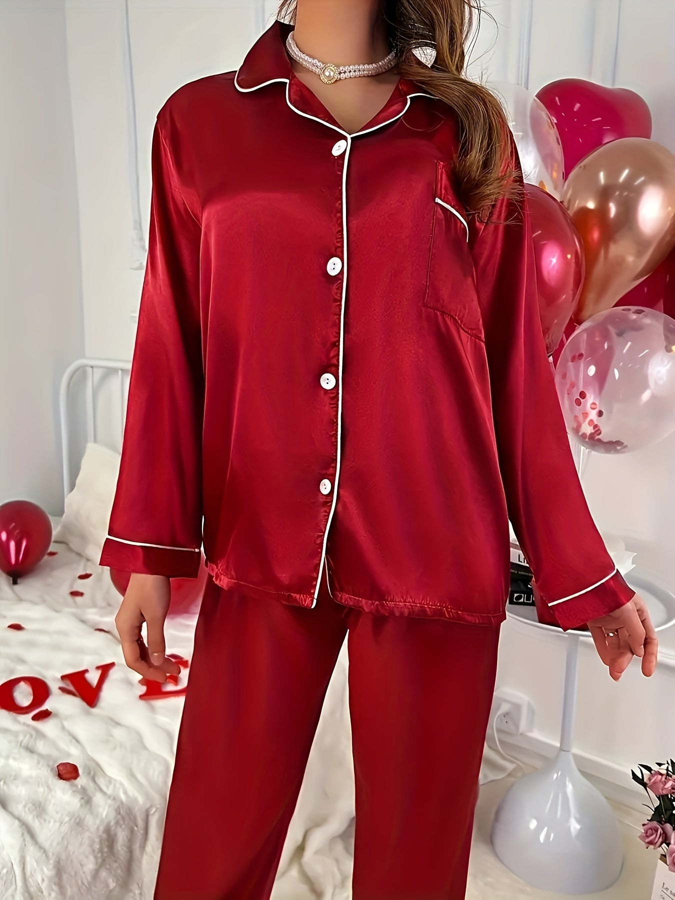 Conjunto Simples De Lounge Em Cetim Sólido, Top Com Botões De Manga Comprida E Lapela & Calças Elásticas, Loungewear Para Mulheres