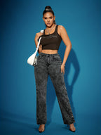 Calças Jeans Retrô Femininas de Perna Reta com Botões