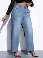 Calças Jeans Plus Size de Cintura Alta e Perna Larga - Azul Claro, Denim Vintage Lavado Ajustado com Elástico, Calça Longa Reta Solta com Alças para Cinto e Lavável na Máquina para Looks Casuais e do Dia a Dia