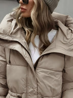 Casaco de Cor Lisa Feminino | Comprimento Midi, Manga Comprida, Detalhe de Cordão, Estilo Casual, Moda Elegante para Outono e Inverno