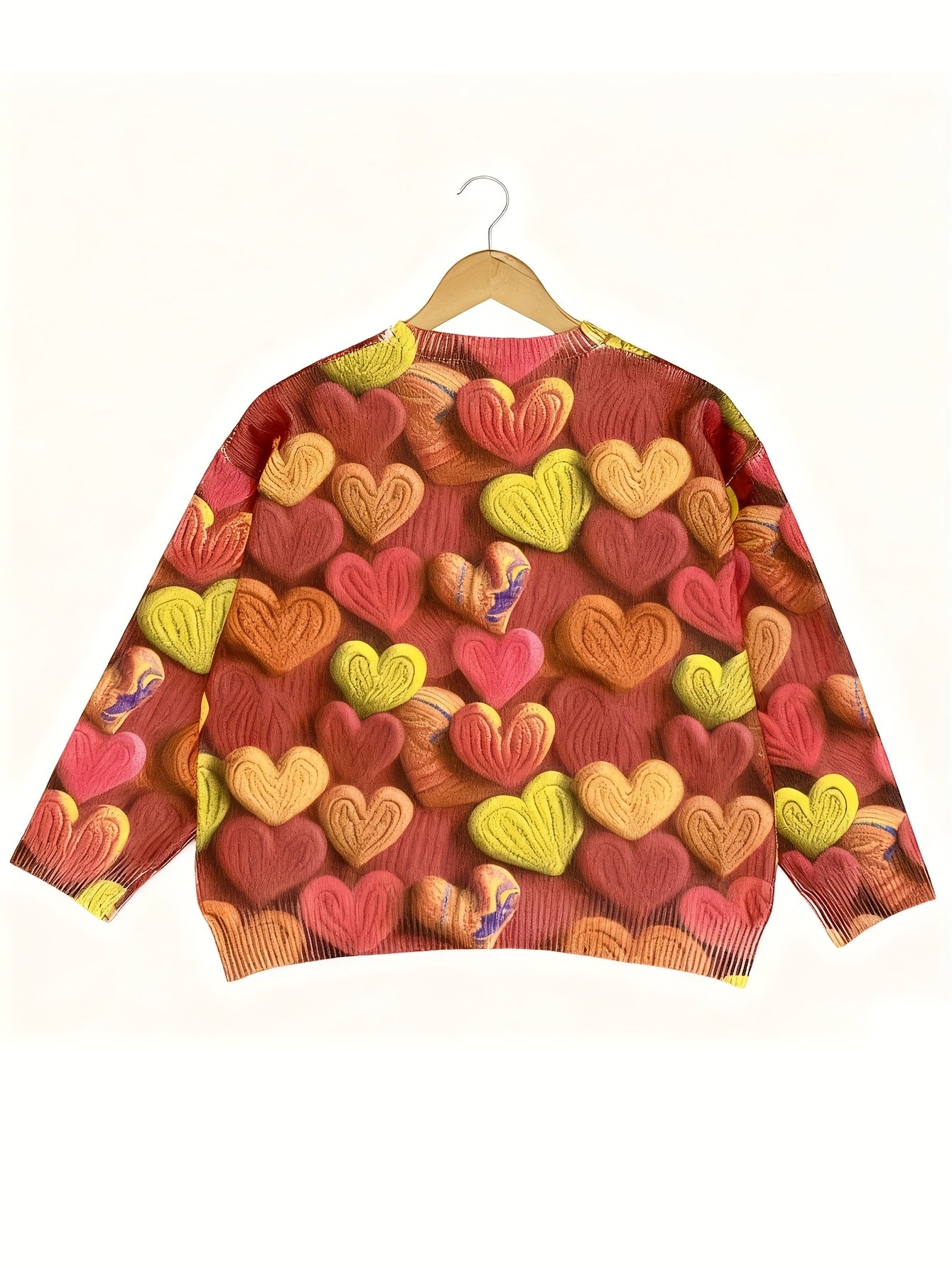 Tamanho Grande - Camisola Elegante Feminina com Padrão de Corações | Época de Outono, Gola Redonda, Manga Comprida, Corte Oversize, Pulôver com Estampado Digital