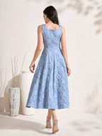 Vestido Maxi Sem Mangas Jacquard Floral Elegante para Mulheres - Decote Quadrado, Azul Claro com Padrões Florais Intricados, Perfeito para Férias de Primavera/Verão, Vestuário de Férias | Vestido com Estampa Floral | Decote Quadrado, Vestido Floral