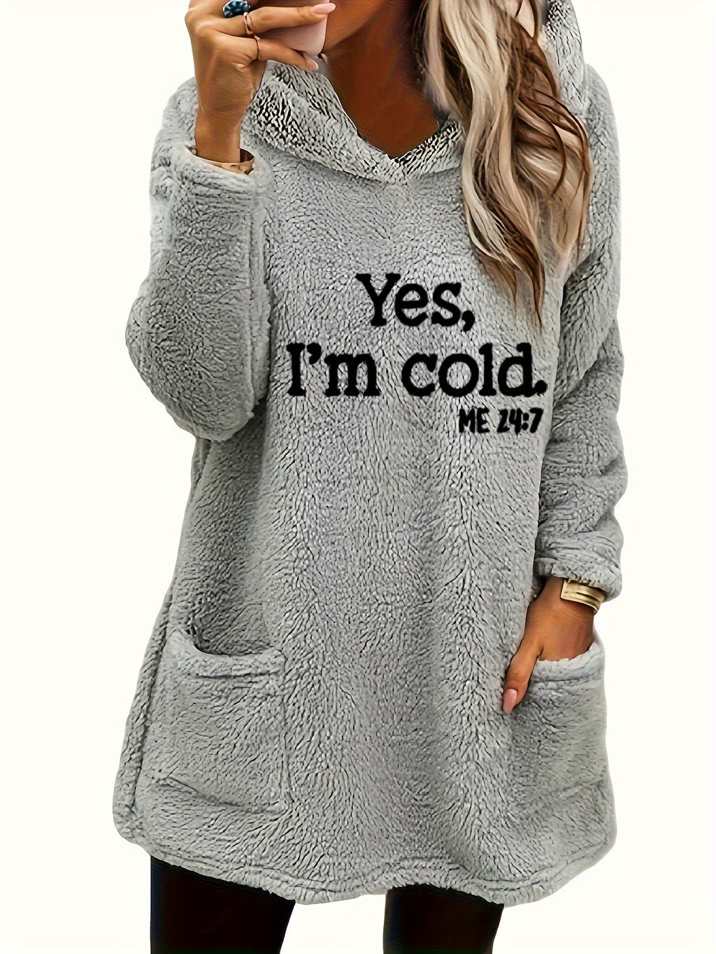 Moletom com Capuz de Urso Teddy "Sim, Estou Frio" para Mulheres - 100% Poliéster Ajuste Relaxado Manga Longa com Bolsos Duplos, Top Casual Forrado em Fleece Aconchegante para Outono & Inverno