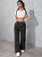 Jeans de Denim Lavados Vintage Femininos - Corte Reto Relaxado, Calças Casuais Não Elásticas com Design Clássico de Cinco Bolsos para Conforto em Todas as Estações, Vestuário Casual, Construção Durável, Roupa Confortável, Material Resistente, Calças Wideleg, Estilo Descontraído