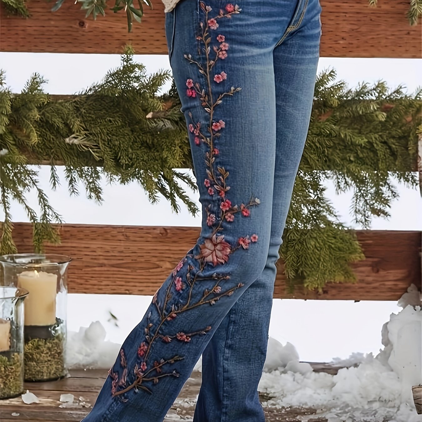 Vintage Floral Embroidered High-Waisted Jeans