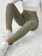 Leggings de cintura alta em cor sólida com cordão falso, com nervuras, Skinny Casual Stretchy Leggings para uso diário, Roupa de mulher