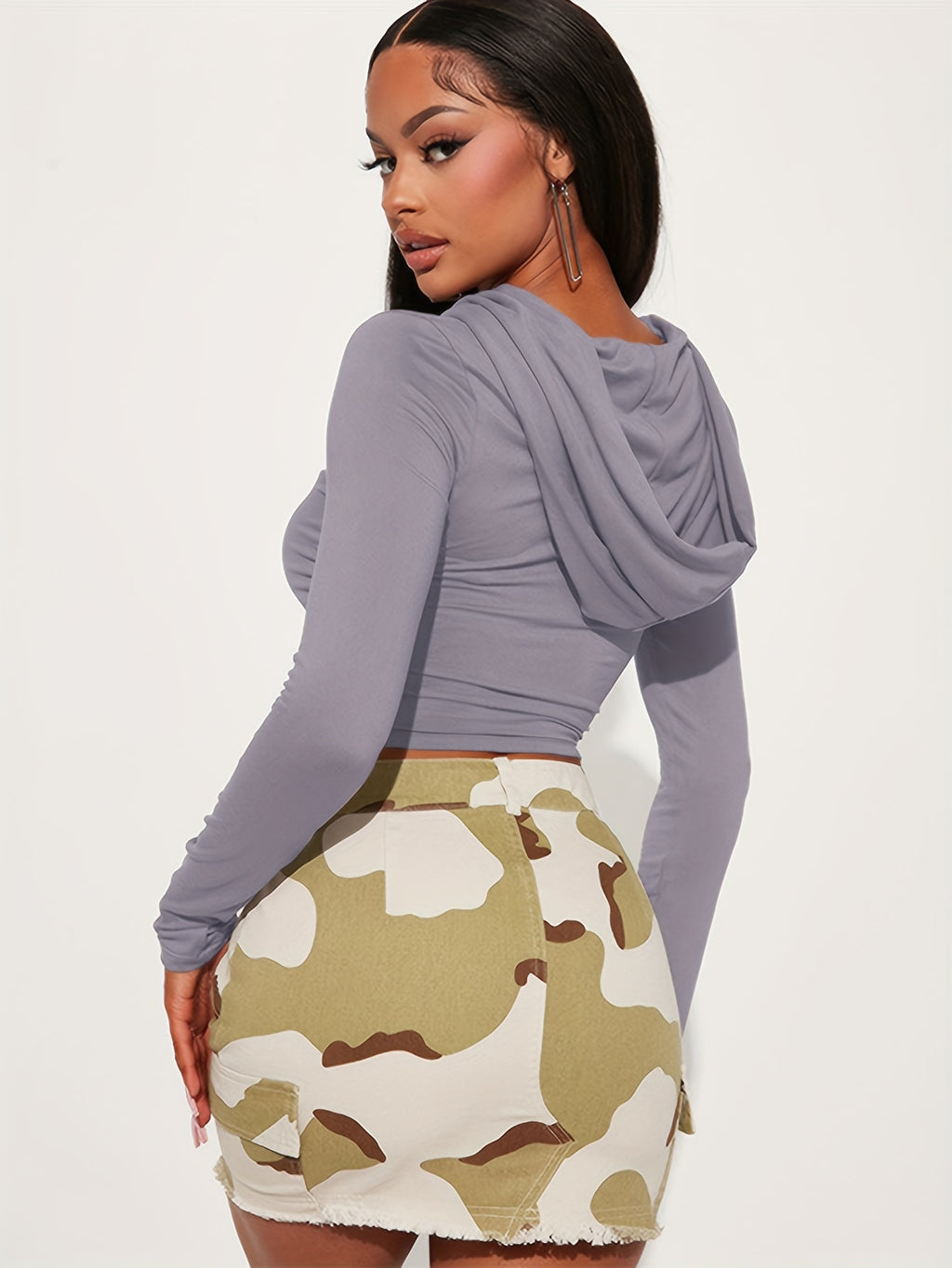 Top Recortado Com Capuz De Cor Sólida, Top Fino De Manga Comprida Y2K, Roupas Femininas