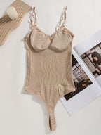 1peça Body Shaper Feminino Sem Costura com Tanga, Abertura na Barriga e Alças Ajustáveis - Suporte Médio, Peito e Cintura Sem Acolcho, Fato de Yoga Fitness em Amarelo Sólido, Estampa de Leopardo ou Preto Sem Costura