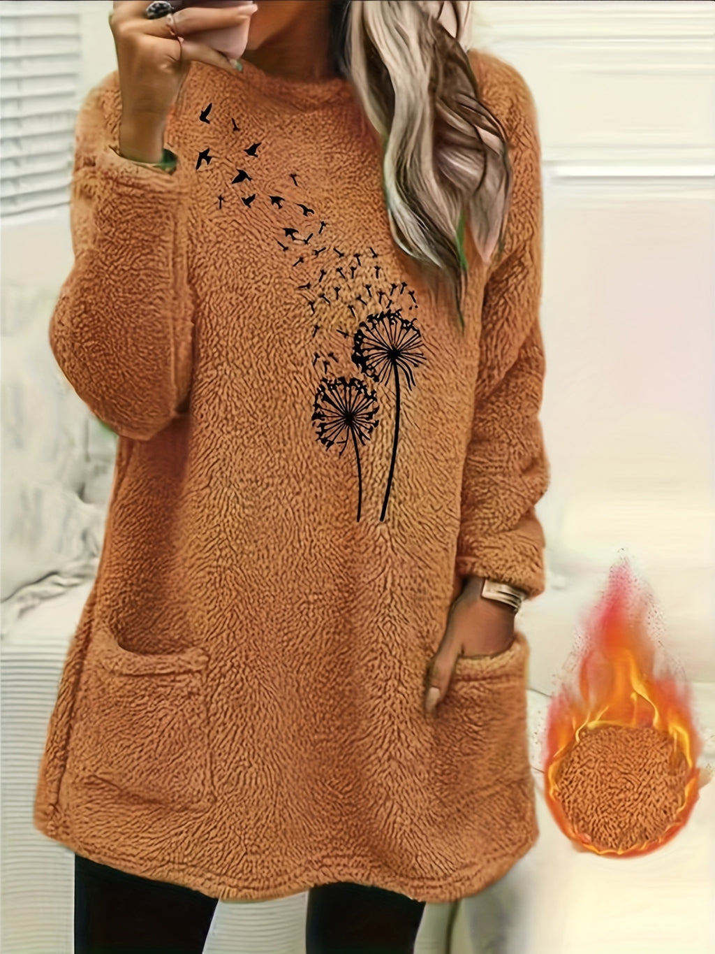 Camisola de Manga Comprida para Mulher com Forro de Lã Aconchegante e Estampado de Dente-de-Leão - Suave, Elástica e Casual para o Outono/Inverno, Laranja, Gola Redonda, Corte Normal, Roupa Casual|Top com Estampado de Dente-de-Leão|Tecido Elástico, Camisola e Camisola de Malha para Mulher, Camisola de Mulher, Camisolas de Mulher, Camisolas de Mulher Outono, roupa mulher inverno, camisolas mulher outono, camisola mulher outono