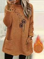 Camisola de Manga Comprida para Mulher com Forro de Lã Aconchegante e Estampado de Dente-de-Leão - Suave, Elástica e Casual para o Outono/Inverno, Laranja, Gola Redonda, Corte Normal, Roupa Casual|Top com Estampado de Dente-de-Leão|Tecido Elástico, Camisola e Camisola de Malha para Mulher, Camisola de Mulher, Camisolas de Mulher, Camisolas de Mulher Outono, roupa mulher inverno, camisolas mulher outono, camisola mulher outono
