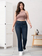 25AW Calças Flare Elegantes de Cintura Alta e Ajuste Slim, Elásticas, Denim Lavado Azul, Para Todas as Estações, Moda Versátil | Calças Flare | Ajuste Slim Confortável, Zíper, Calças Longas Casuais para Primavera/Outono, Roupas de Primavera/Outono | Denim Lavado Vintage | Jeans Plus Size