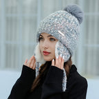 Gorro de Inverno Feminino em Fleece com Abas Desmontáveis e Pom-Pom - Fechamento Elástico por Cordão, Branco/Preto/Cinza/Bege- - Gorro Quente para Esqui, Snowboarding, Atividades ao Ar Livre no Tempo Frio