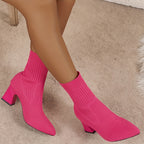Botas Femininas De Malha De Cor Sólida, Botas Confortáveis ​​e Respiráveis ​​de Salto Grosso, Botas Finas Elásticas De Inverno