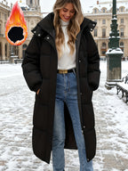 Jaqueta Puffer Feminina com Capuz para o Inverno - Casaco Impermeável com Bolsos, Acolchoado e Quente para Esqui, Snowboard e Passeios ao Ar Livre, Parka de Manga Longa até o Meio da Panturrilha (Lavagem Manual)