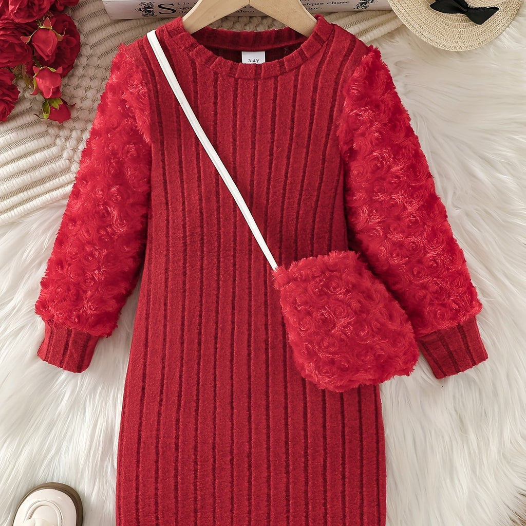 Chic Cozy Dress & Furry Bag Set for Girls