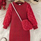 Chic Cozy Dress & Furry Bag Set for Girls