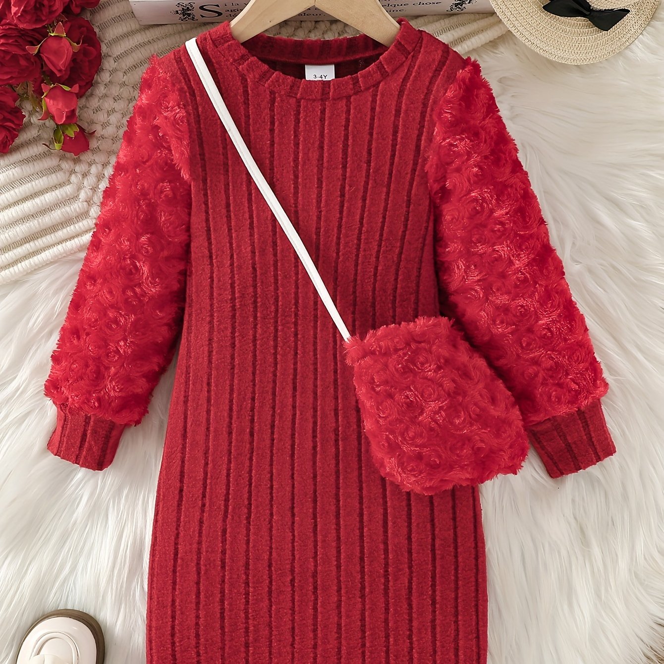 Chic Cozy Dress & Furry Bag Set for Girls