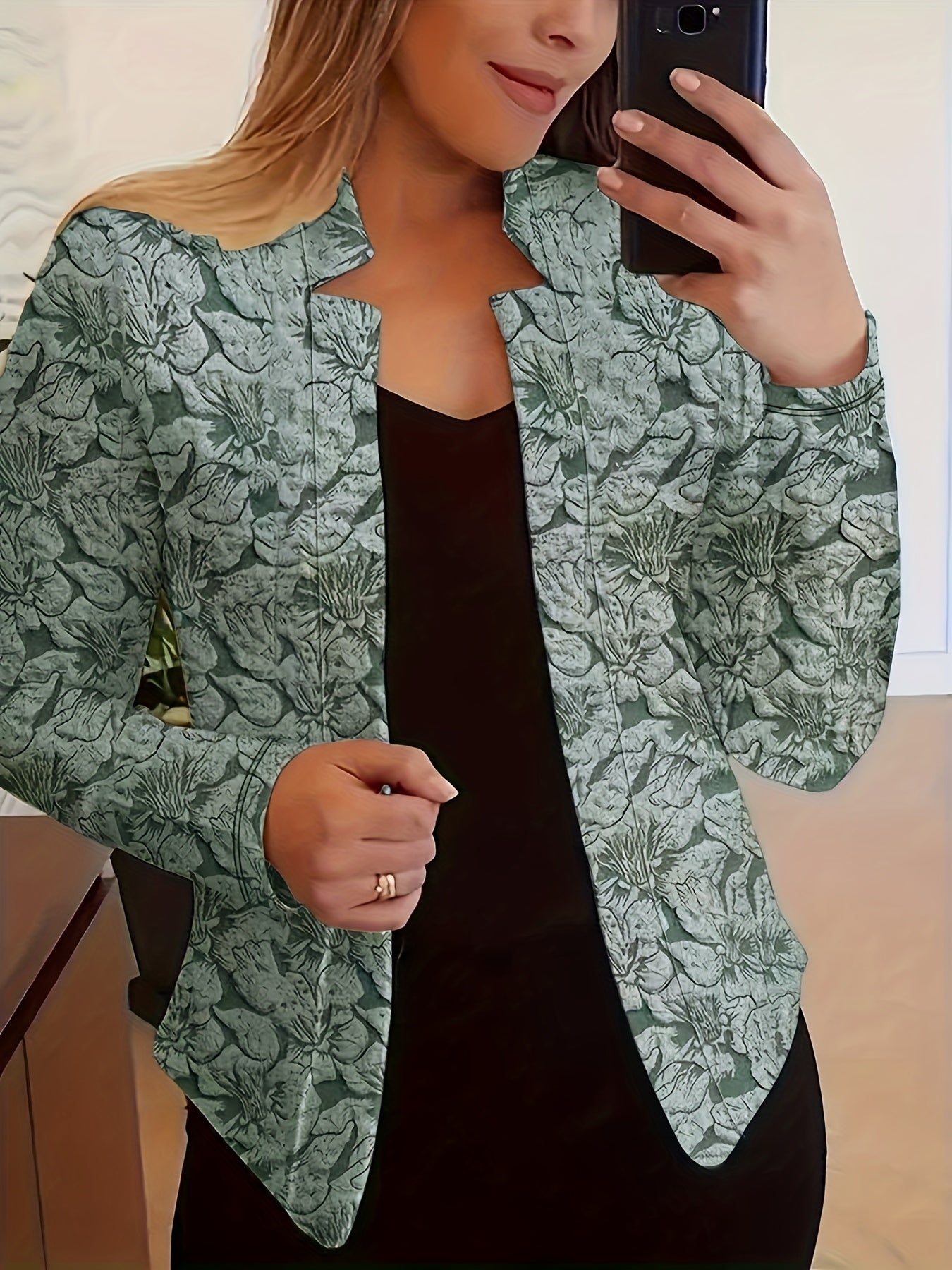 Tamanho Grande - Casaco de Malha com Estampado Floral Vintage | Tecido Elegante Sem Elasticidade, Adequado para Escritório e Trabalho, Roupa para Todas as Estações para Mulheres