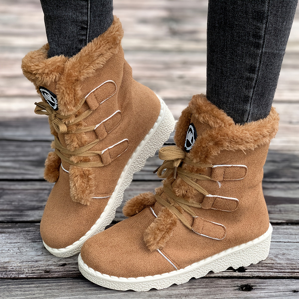 Botas de Inverno Femininas - Botas de Neve de Cano Médio com Fecho de Cordões, Sola de Borracha Antiderrapante, Parte Superior em Tecido Quente - Castanho - Palmilha Acolchoada - Sapatos para Clima Frio para Senhoras, Botas de Inverno Femininas, Interior Forrado a Pelúcia