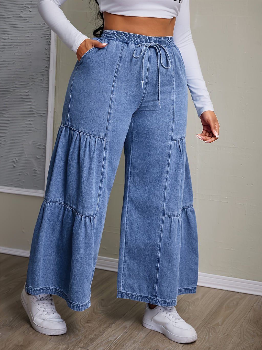 Calças Jeans Femininas de Cintura Alta e Perna Larga sem Elasticidade com Fivela de Cinto e Bolsos - Bainha com Babado para Todas as Estações, do Casual ao Formal, Resistente a Rugas (Lavagem Manual Apenas) - Leggings com Comprimento de Jeans