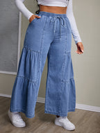 Calças Jeans Femininas de Cintura Alta e Perna Larga sem Elasticidade com Fivela de Cinto e Bolsos - Bainha com Babado para Todas as Estações, do Casual ao Formal, Resistente a Rugas (Lavagem Manual Apenas) - Leggings com Comprimento de Jeans