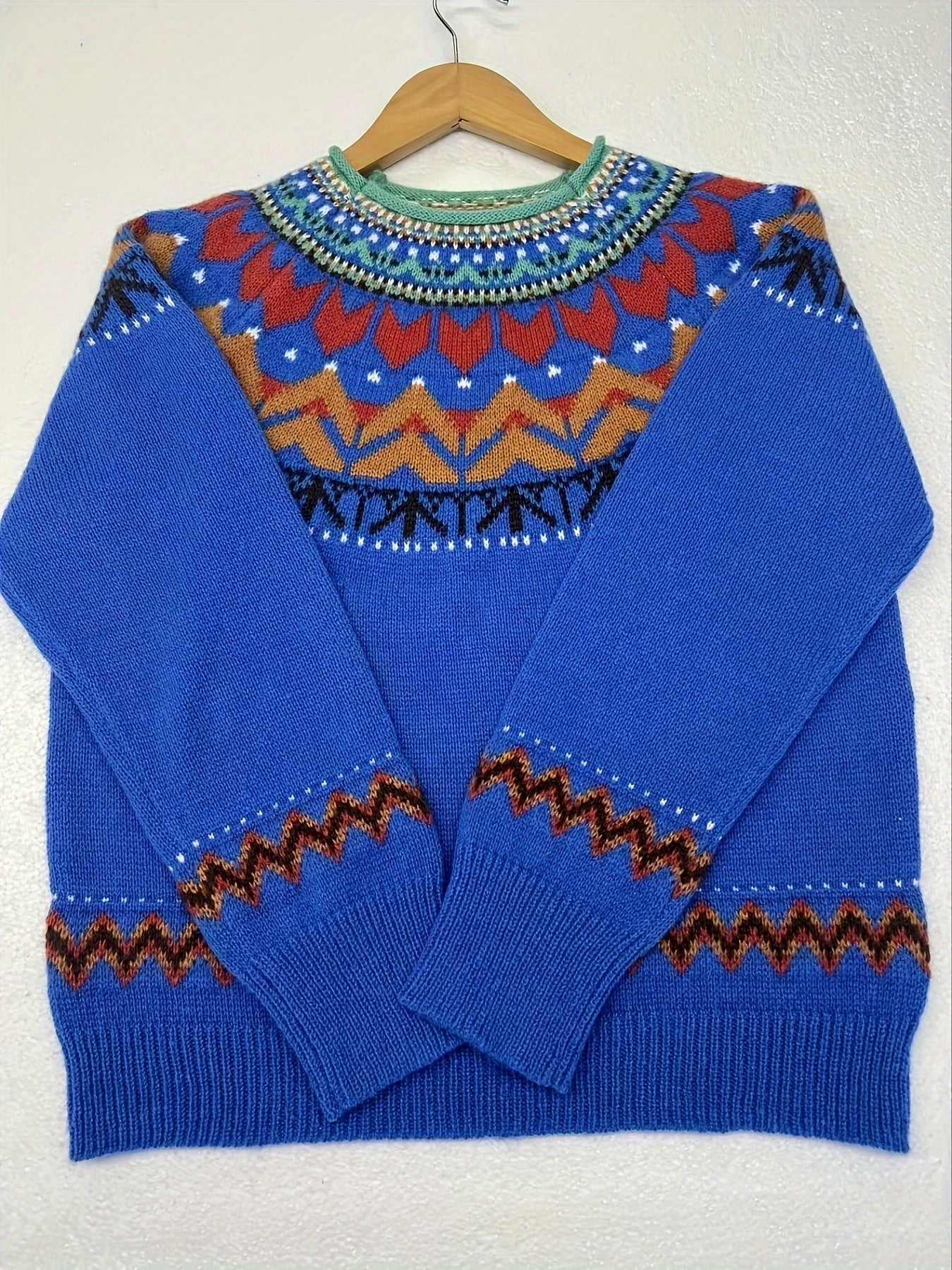 Camisola elegante de gola redonda para mulheres, em tecido de malha de poliéster 100%, com design de bloco de cores em patchwork para outono/inverno, peso de 350g/m², estilo casual para férias.