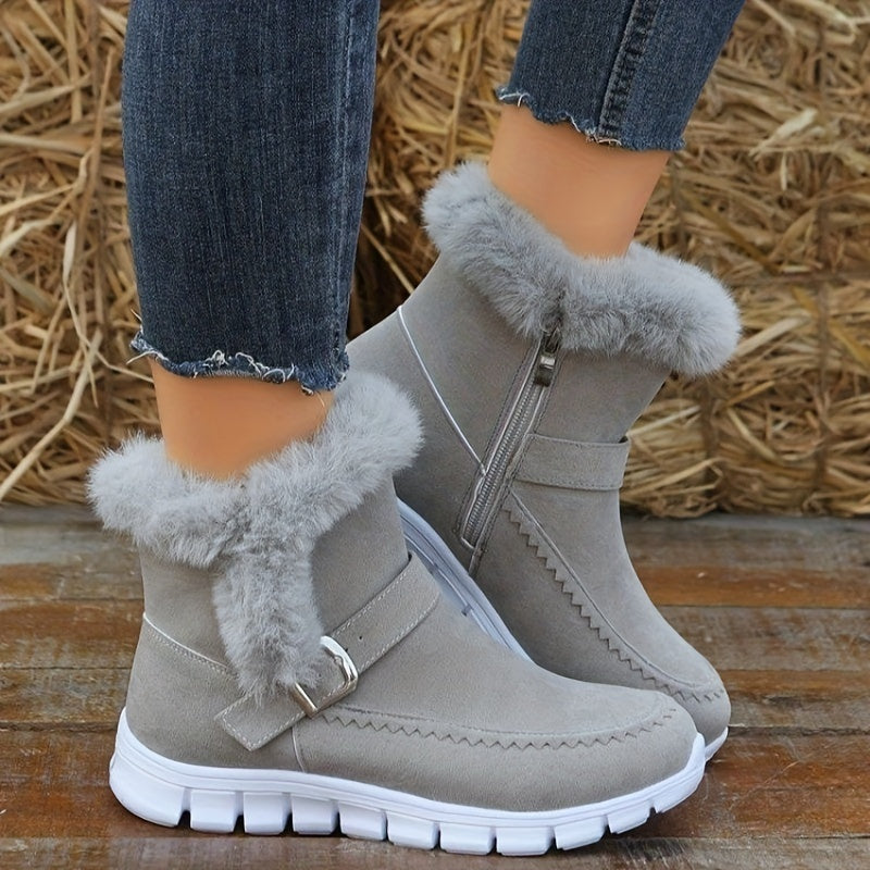 Botas de Inverno Femininas - Sola Espessa com Plataforma para Clima Frio, Sola em PU Antiderrapante, Fecho de Zíper, Interior Aveludado tipo Pelo Sintético - Sapatos Quentes para Looks Diários e Formais - Ylxhoa, Calçado Sazonal, Calçado Elegante, Construção Durável