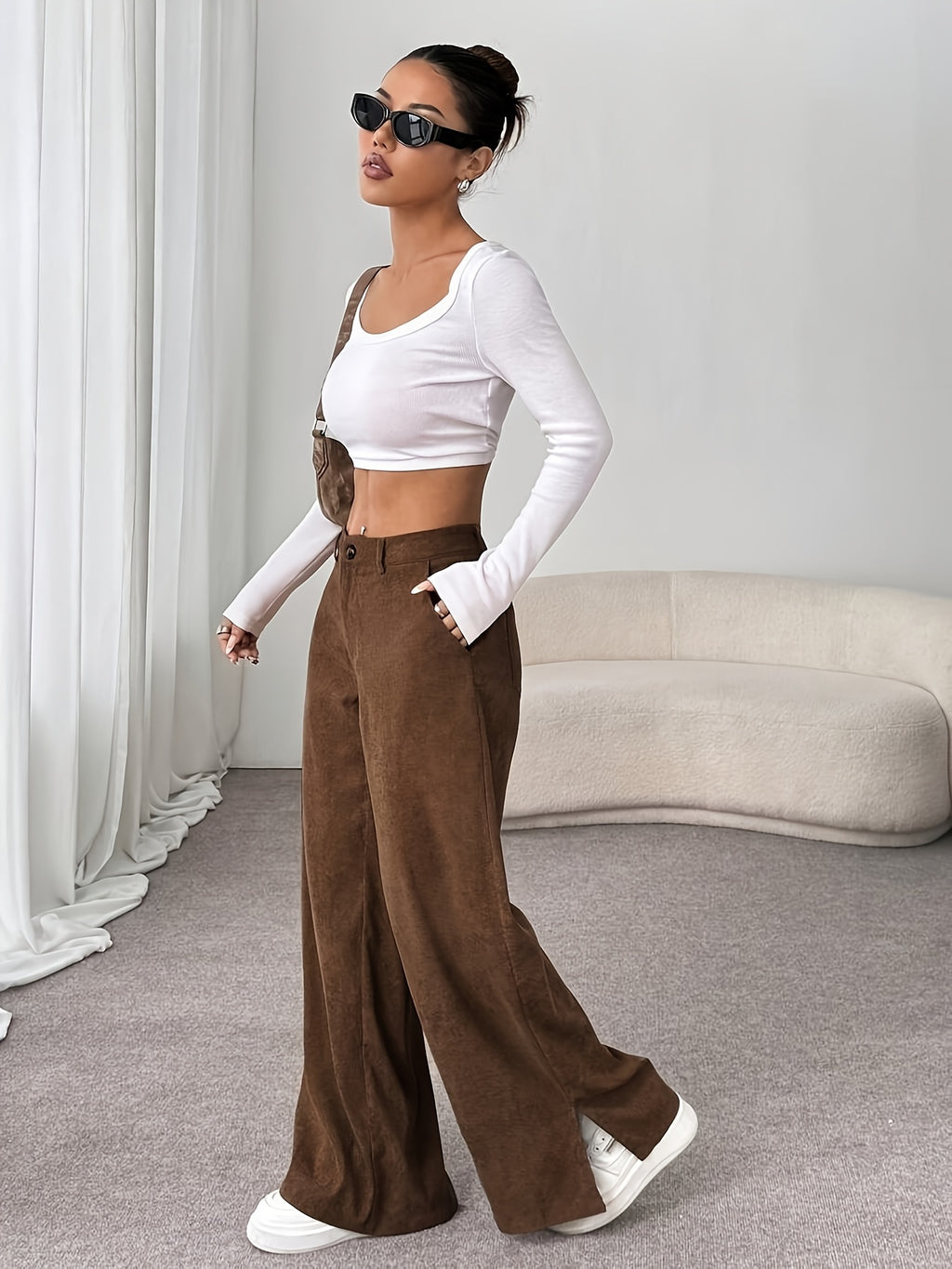 Calças de Bombazine de Perna Larga Elegantes para Mulher | Cor Sólida, Comprimento Longo Confortável, Estação Outono/Inverno, Corte Normal, Racha Lateral, Sem Cinto