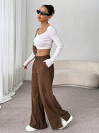 Calças de Bombazine de Perna Larga Elegantes para Mulher | Cor Sólida, Comprimento Longo Confortável, Estação Outono/Inverno, Corte Normal, Racha Lateral, Sem Cinto