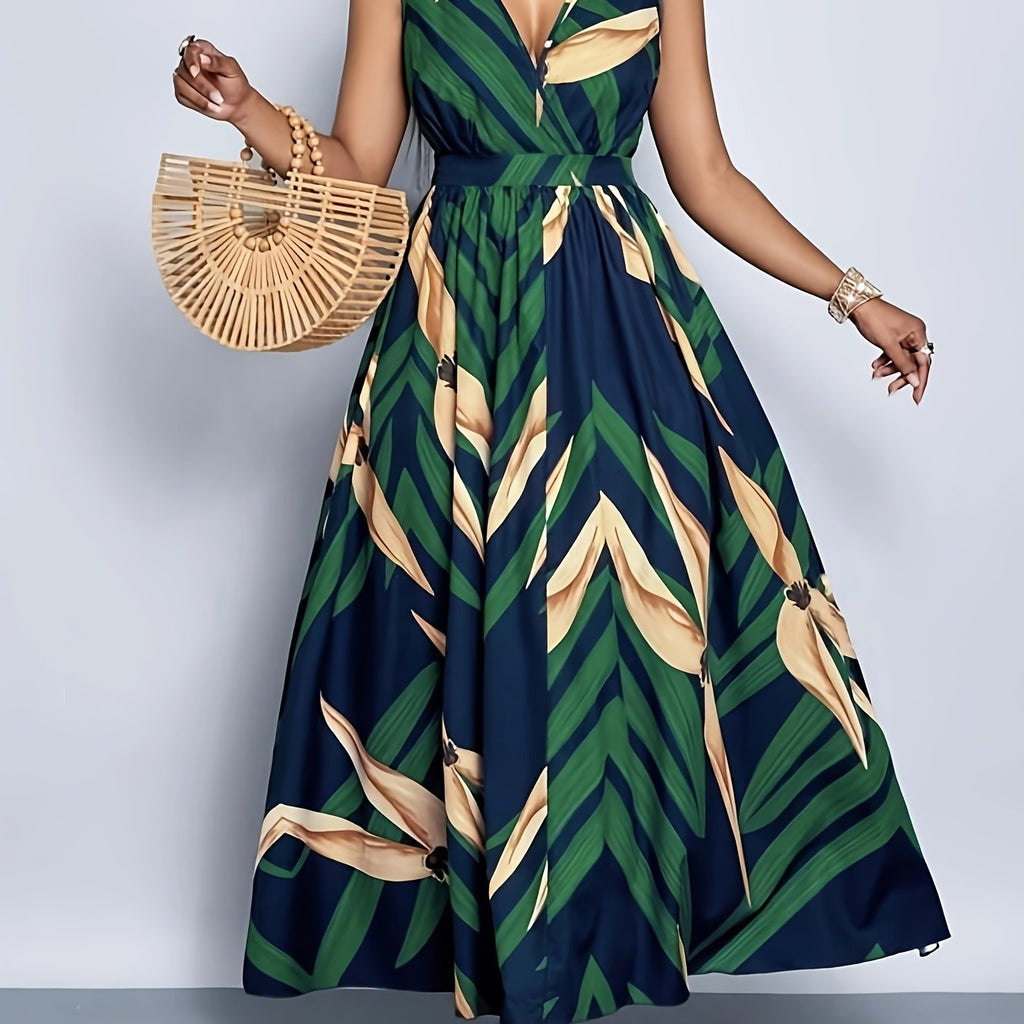 Elegant Tropical Print Maxi Dress - Navy & Turquoise