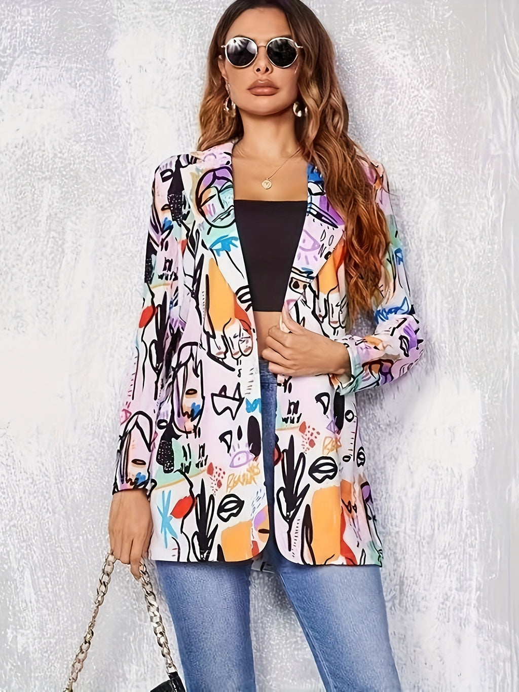 Blazer Plus Size Feminino com Estampa Neon Graffiti - Jaqueta Streetwear Retrô, Casaco Casual Solto para Mulheres Modernas
