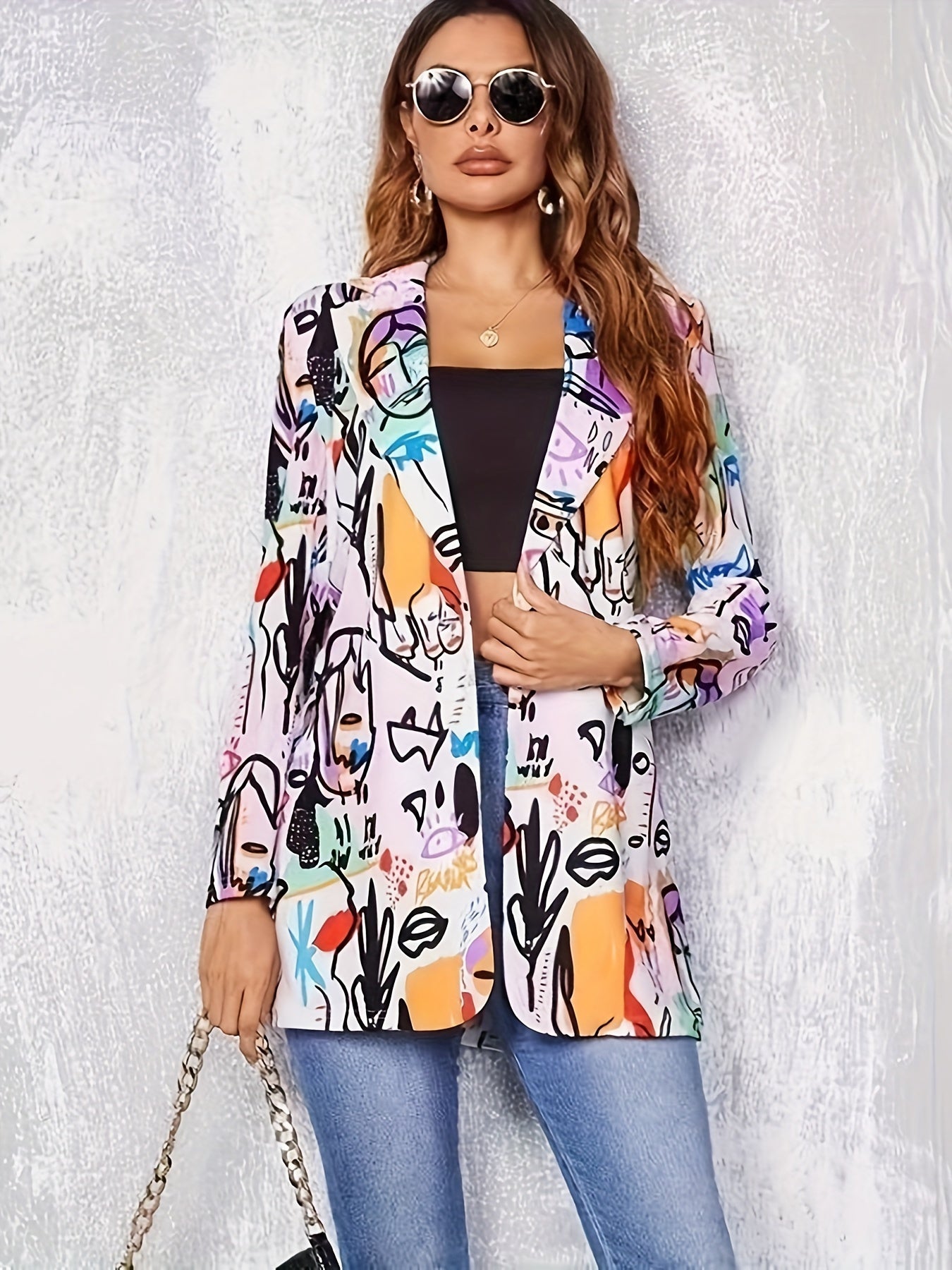 Blazer Plus Size Feminino com Estampa Neon Graffiti - Jaqueta Streetwear Retrô, Casaco Casual Solto para Mulheres Modernas