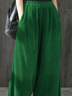 Calças de Bombazine de Perna Larga para Mulher - Calças Casuais de Cintura Elástica com Bolsos, Calças Compridas de Corte Solto para Looks Diários e Formais - Calças Confortáveis para Mulher em Todas as Estações