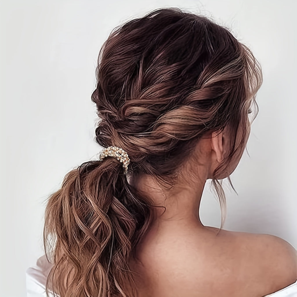 Faixa de Cabelo Elástica Branca com Miçangas para Rabo de Cavalo - Acessórios Femininos (Conjunto de 3)