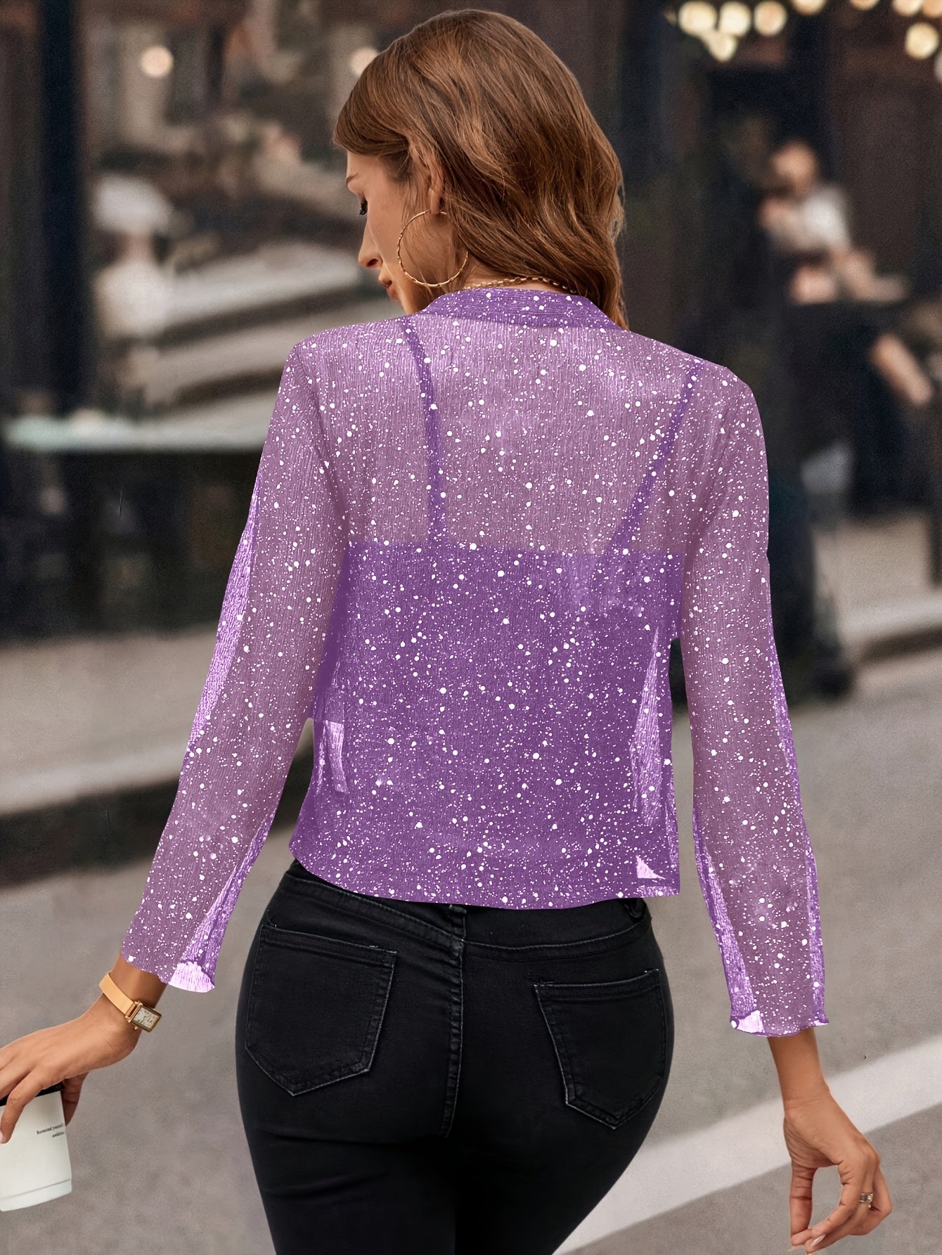 Jaqueta Cardigan Feminina com Lantejoulas e Glitter, Tecido Plissado em Folha Dourada Manga 3/4 Blazer Curto para Casual de Negócios